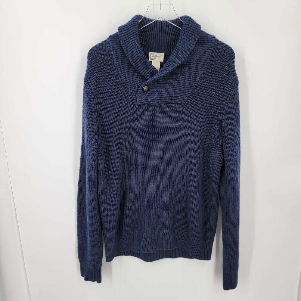 LL Bean Sweater Mens Medium Shawl Collar Blue Ribbed Knit Long Sleeve Preppy